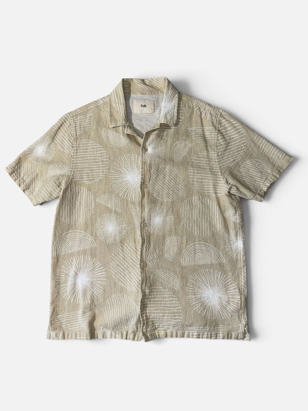 Folk mens L Large beige geometric 100% cotton textured camp collar shirt EuC